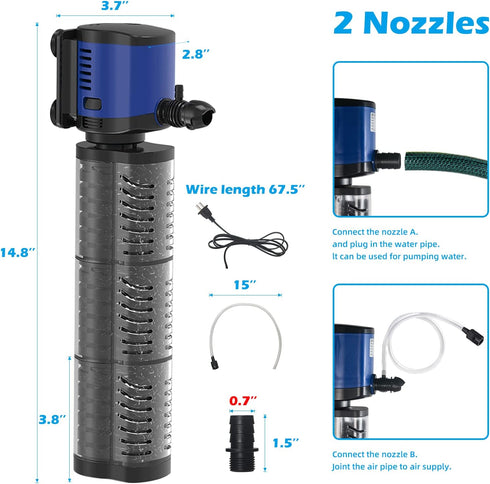 TARARIUM 660GPH Aquarium Filter for 100-300 Gallon Fish Tank, Submersible Water Pump, Turtle Tank Filter