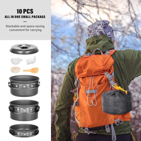 Lixada Camping Cookware Mess Kit, 10pcs Non-Stick Lightweight Stackable Pot Pan Bowls with Storage Bag for Hiking