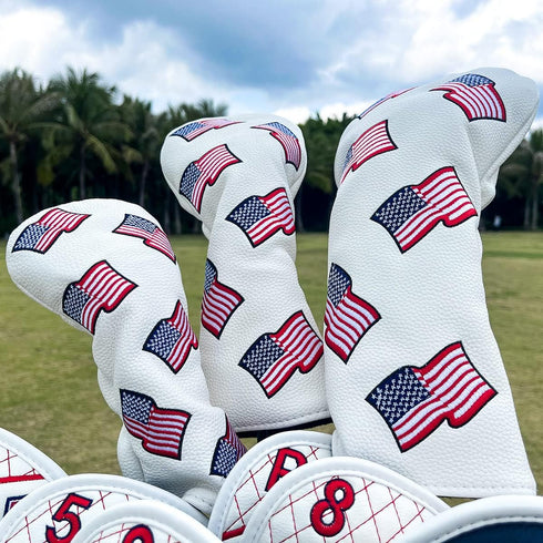 US Flag Patriotism Golf Club Head Covers | White for Driver, Fairway Hybrid Woods - 4 Options - Synthetic Leather Set