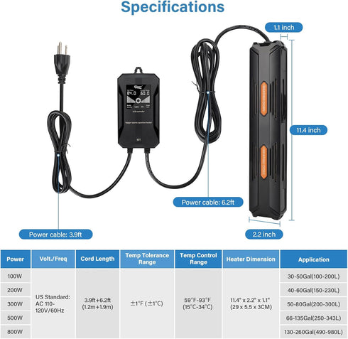 hygger Submersible Aquarium Heater - 100W/200W/300W/500W/800W with Over-Temperature Protection and Automatic Power-Off