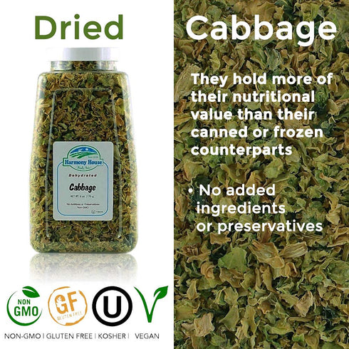 Backpacking, 6 Harmony House Foods Dehydrated Cabbage Flakes - Air Dried Vegetables for Soup and Cooked Dishes, Great