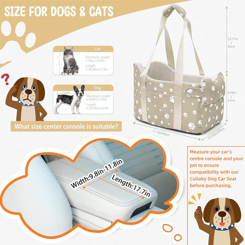 15 lbs) Cullaby Dog Car Seat for Small Dogs (Under Center Console Pet Carrier with Safety Belt, Storage Pockets