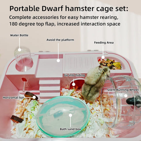Set Hamiledyi Dwarf Hamster Cage Clear Plastic Small Hamster Cage Portable Carrier with Water Bottle Exercise Wheel