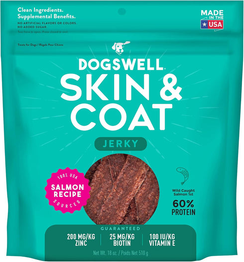 DOGSWELL Jerky Treats for Dogs, Skin and Coat Salmon Recipe, 18 oz.