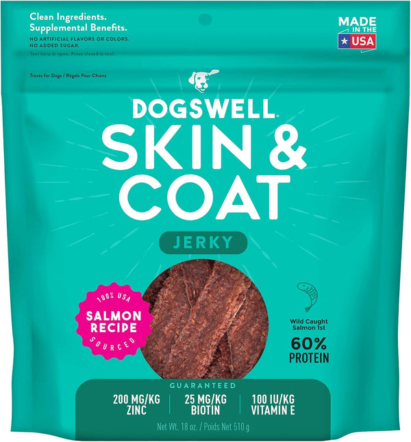 DOGSWELL Jerky Treats for Dogs, Skin and Coat Salmon Recipe, 18 oz.