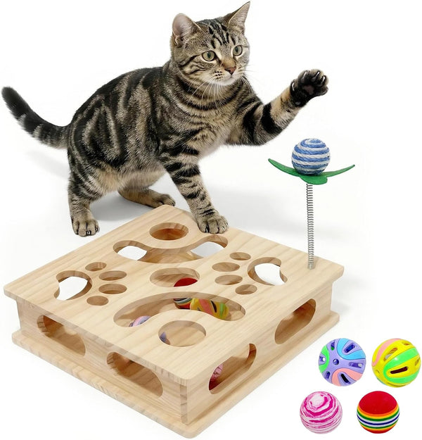 Pine Wooden Cat Puzzle Box, Interactive Maze & Scratch Enrichment Toy, Puzzle