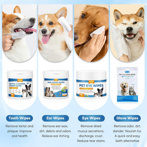 Pet Grooming Deodorizing Wipes for Dogs & Cats, Essential Supplies Set: Teeth, Ears, Eyes, Paw Cleaner, Balm, Rinse