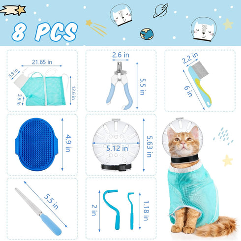 8 Set Trimming(L Pcs Cat Muzzle with Adjustable Cat Bathing Bag Breathable Clear Muzzle Pet Grooming Brush Tick Remover