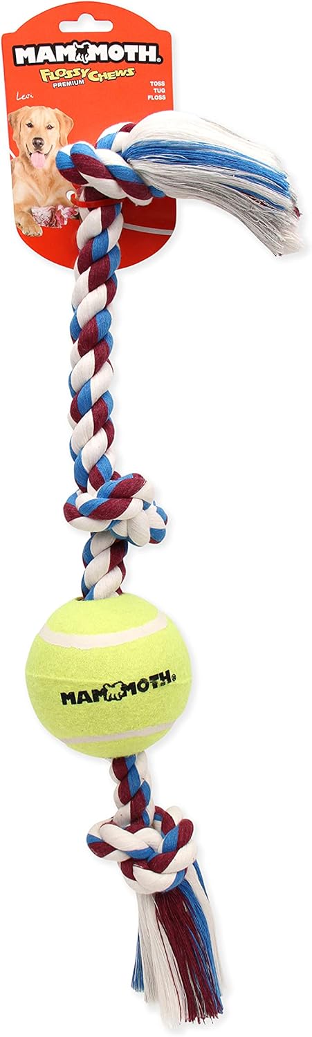 Mammoth Flossy Chews Color 3 Knot Tug with Large Tennis Ball - Premium Cotton-Poly Tug Toy for Large Dogs - 24”