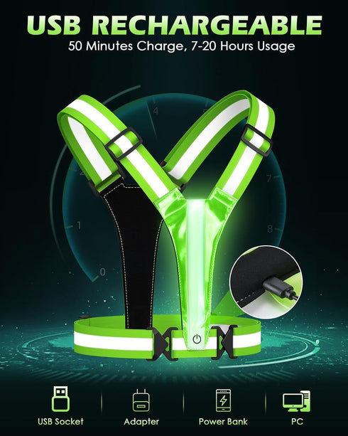 Zacro LED Reflective Vest for Running, Rechargeable Light Up Running Gear with 5 Colors, Adjustable for Men, Women, Kids