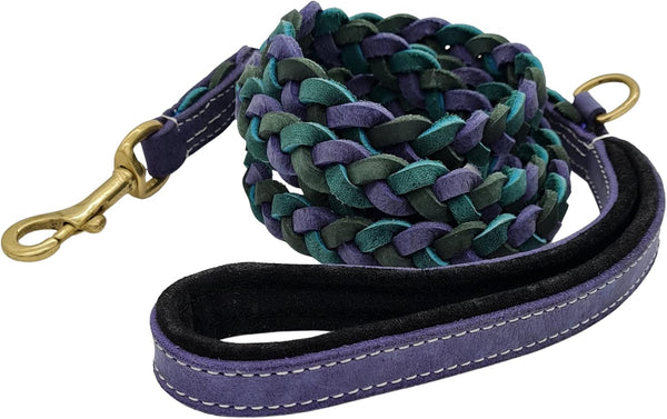 Blazing Paws Vibrania 6 Ft Super Soft Braided Leather Dog Leash, Heavy Duty with Side Ring, Teal Green Blue