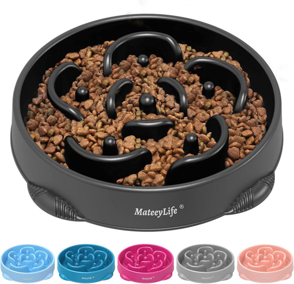 MateeyLife Large Slow Feeder Dog Bowls, Non-Slip Interactive Puzzle Bowls, 4 Cups Black for Large Breeds, Bloat Stop