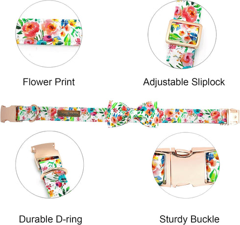 Dog Collar Flowers Print Pet Collar Soft Cute Dog Collar with Bow Tie Adjustable Metal Buckle Collar Gift Collar for Medium Dogs