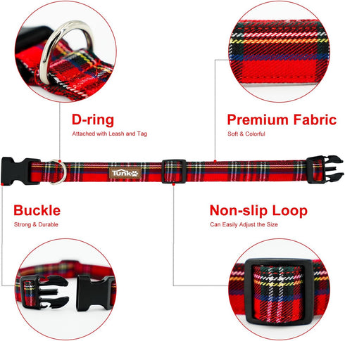 Christmas Plaid Dog Collar, Adjustable Red Collar for Boy and Girl Dogs with Strong Plastic Buckle, L