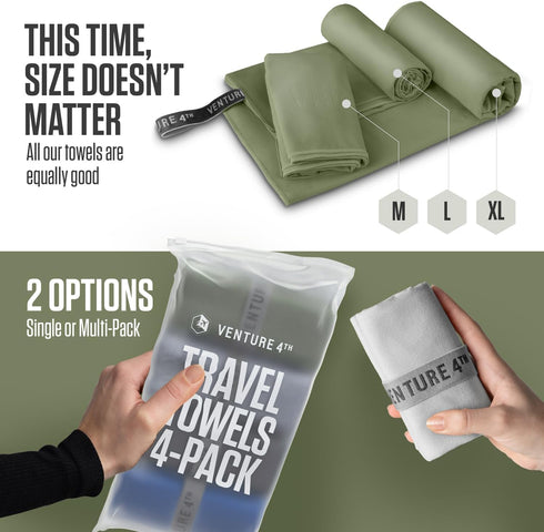 VENTURE 4TH - 4pcs Quick Dry Microfiber Travel Towels Ideal for Camping, Hiking, Gym - Lightweight & Fast Drying