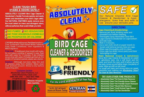 (16oz Pack 1) Absolutely Clean Amazing Bird Cage Cleaner and Deodorizer - Just Spray/Wipe - Safely & Easily Removes