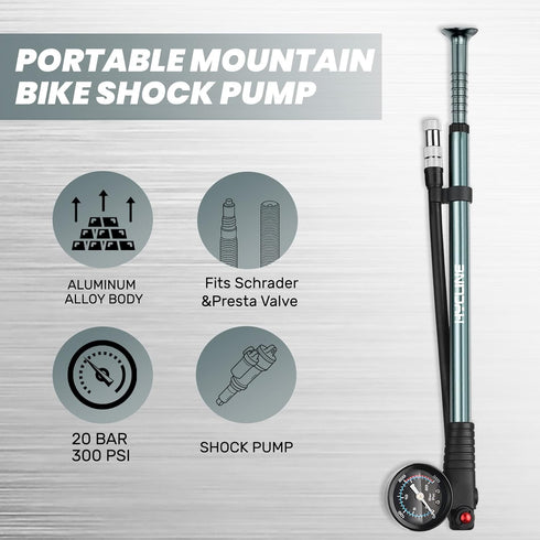 Hycline Shock Pump for Mountain Bike, High Pressure 300 Psi for Bicycle Suspension with Gauge