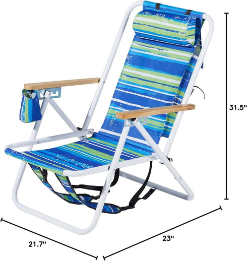 Pinikuyiro w/4 Folding Beach Chair Adjustable Headrest Flexible Tilt Angle, Cup Holder Portable High Strength Cleanable