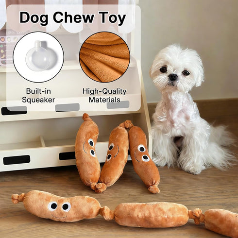 (2 Sausage Squeaky Dog Toy for Small & Medium Dogs, Squeaky Plush Chewer, Puppy Teething & Dental Care, Cotton Filled