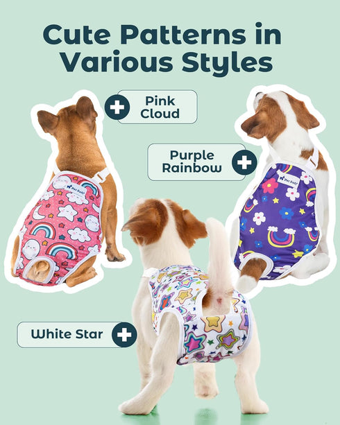 Pet Soft Dog Diapers Female Onesie Sanitary Pantie with Adjustable Suspender, Colorful Pattern Washable Puppy Diapers