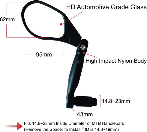 Hafny New Handlebar Bike Mirror - HD, Blast-Resistant Glass Lens, Left Side Bar End Fitting