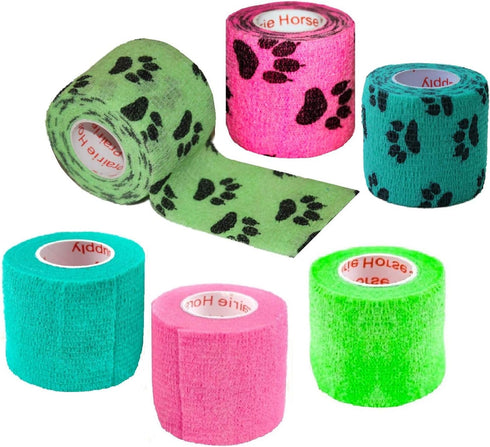 Prairie Horse Supply 2 Inch Vet Wrap Tape Bulk (Pack of 6) - Green, Pink, Red, Black Paw Prints