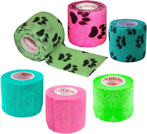 Prairie Horse Supply 2 Inch Vet Wrap Tape Bulk (Pack of 6) - Green, Pink, Red, Black Paw Prints