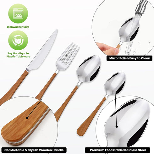 6Pcs Set,Wooden Set Daily Treasures Stainless Steel Portable Cutlery Handle Camping Utensils with Storage Bag,Reusable