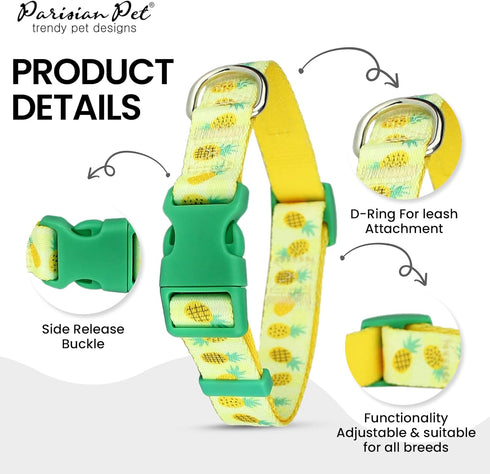 Parisian Pet Pineapple Dog Collar - Adjustable Pattern Buckle Safety Collar for Medium Dogs, Nylon-Breathable