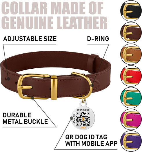 BRONZEDOG Leather Dog Collar - Durable Basic Pet Collar with Metal Buckle for Small Medium Large Dogs (13-16 Inch, Dark