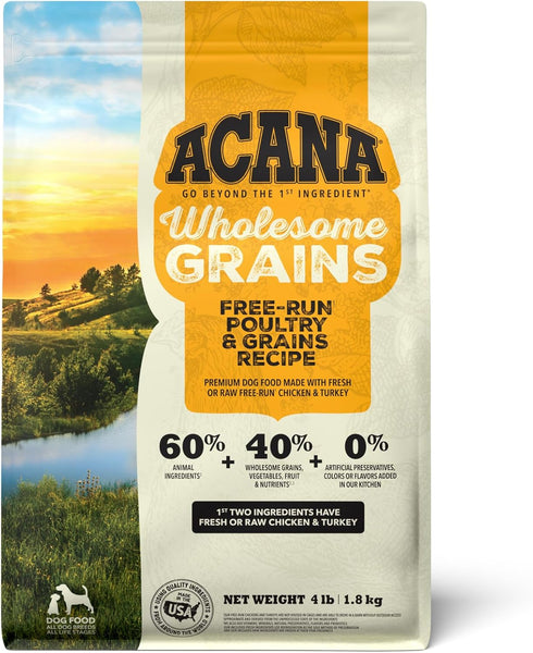 ACANA Dry Dog Food, Wholesome Grains, Free-Run Poultry, Real Chicken & Turkey, Eggs Recipe, 4lb