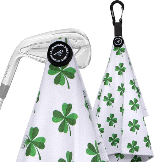 Magnetic Golf Towel with Clip, Microfiber Waffle Design - Strong Hold Magnet for Golf Bags, Carts, Clubs (Lucky Clover)