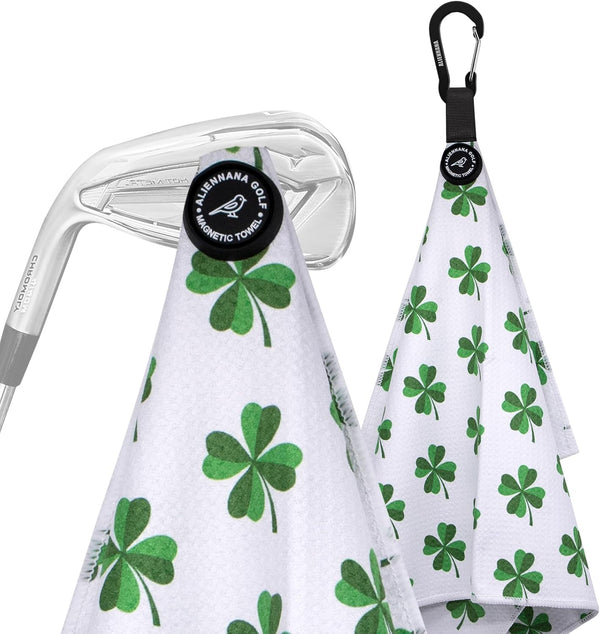 Magnetic Golf Towel with Clip, Microfiber Waffle Design - Strong Hold Magnet for Golf Bags, Carts, Clubs (Lucky Clover)