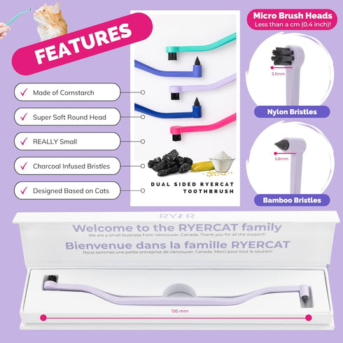 8mm RYERCAT Lavender Dual Sided Cat Toothbrush - Only Wide to fit into Cat's Mouth - Cat Dental Supplies
