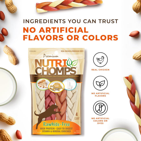 NutriChomps Dog Chews - 6-inch Braids, Rawhide-Free Dog Treats, Healthy Real Chicken, Peanut Butter and Milk flavors,