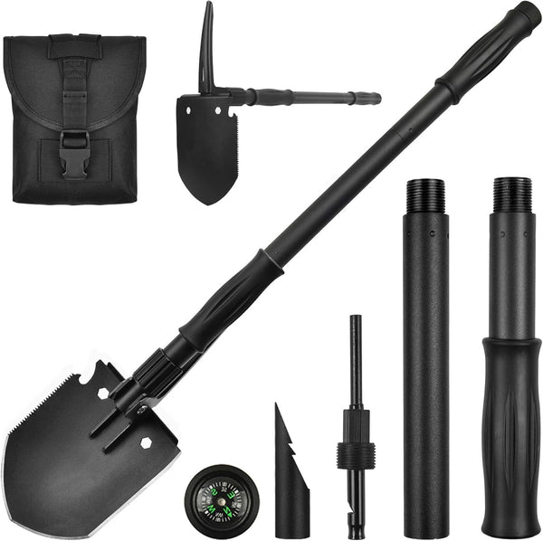 Survival Folding Shovel (28.3'') Camping Multitool with Pickaxe, Compass, Whistle, Molle Bag for Emergency