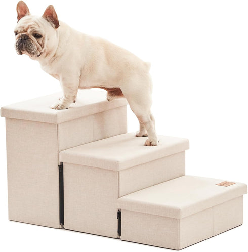 Love's Cabin 3-Step Dog Stairs with Storage, Adjustable Foldable Ramp for Small Medium Large Dogs, Beige