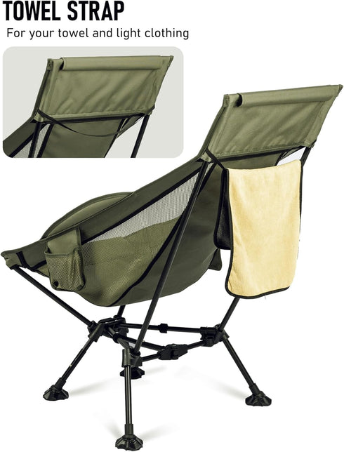 WildCall Lightweight Folding High Back Camping Chair with Head Support, Compact Beach Chair with Anti-Sinking Large