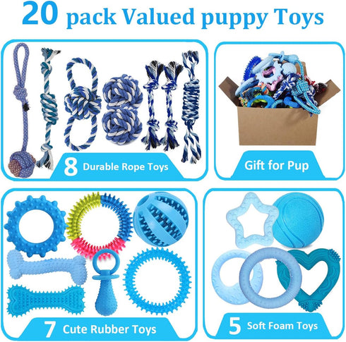 Puppy Toys Set 20 Pack - Interactive Chew Toys for Teething Small Breeds, Tough Rope & Soft Rubber Bundle