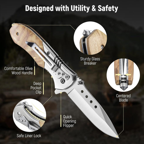Folding Pocket Knife, 3.46" Sharp Blade, Olive Wood Handle, EDC Knife for Dad, Women, Tactical Gift