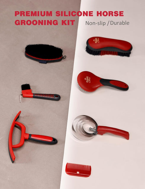 Furrishine 9 Set Horse Grooming Kit, Piece Grooming Brush with Silicone Curry Comb for Bathing & Shedding Shadowberry