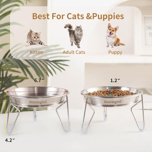 Elevated Cat Bowls, 6.7" Extra Wide Raised Stainless Steel Food Bowls with Anti-Slip Metal Stand for Indoor Cats