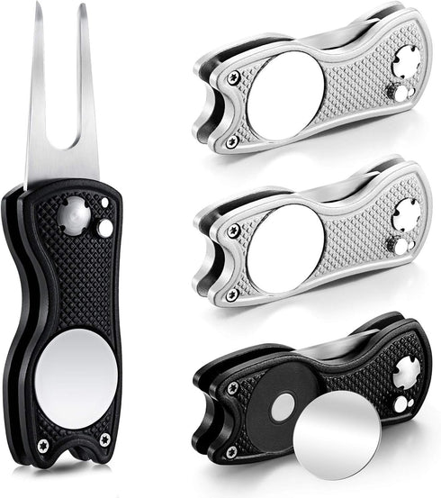 Skylety 4 Pcs Golf Divot Repair Tool - Metal Foldable Switchblade with Magnetic Pop-up Button Ball Marker