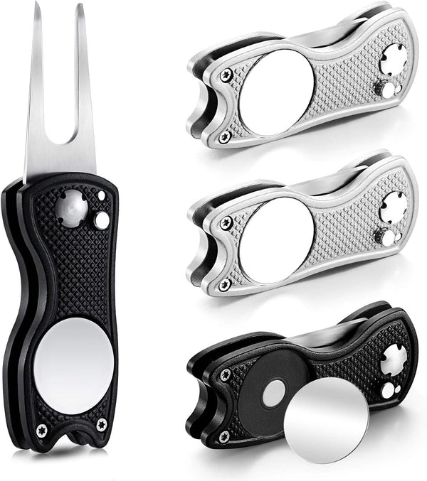 Skylety 4 Pcs Golf Divot Repair Tool - Metal Foldable Switchblade with Magnetic Pop-up Button Ball Marker