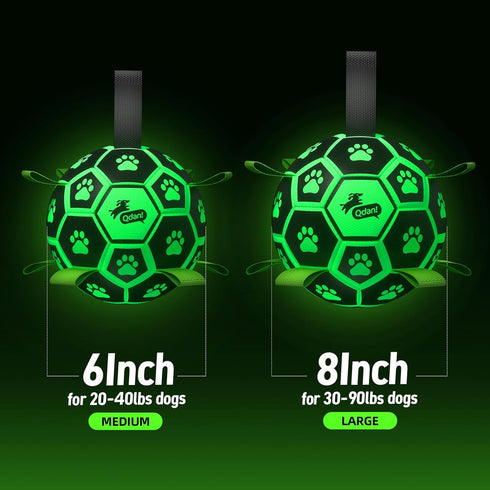(8 Inch) QDAN Glow in The Dark Dog Toys Soccer Ball with Straps - Light Up Dog Balls for Large Dogs, Interactive Dog