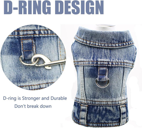 Cool Blue Denim Dog Jeans Jacket for Small Medium Dogs, Comfort Lapel Harness Vest with D-Ring for Leash