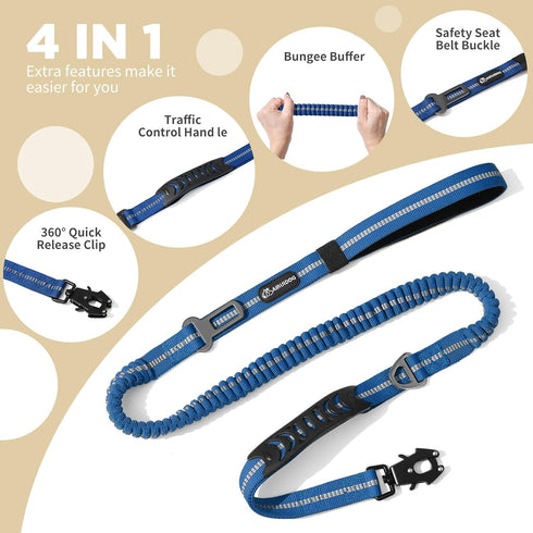 Heavy Duty Tactical Bungee Dog Leash - 4-6FT Shock Absorbing with 2 Padded Handles, Metal Carabiner Clip, Reflective