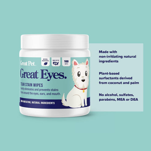 Great Eyes Tear Stain Remover for Dogs, Natural Eye Wipes, Made in The USA, 100 Wipes