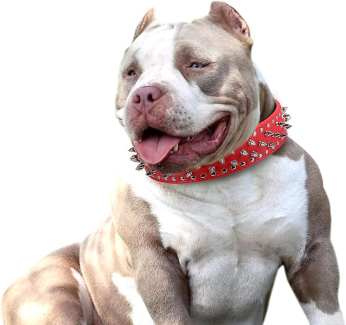 Hoot PU Leather Adjustable Spiked Studded Dog Collar - 2" Wide with 43 Spikes (L, Neck 21"-24", Red)