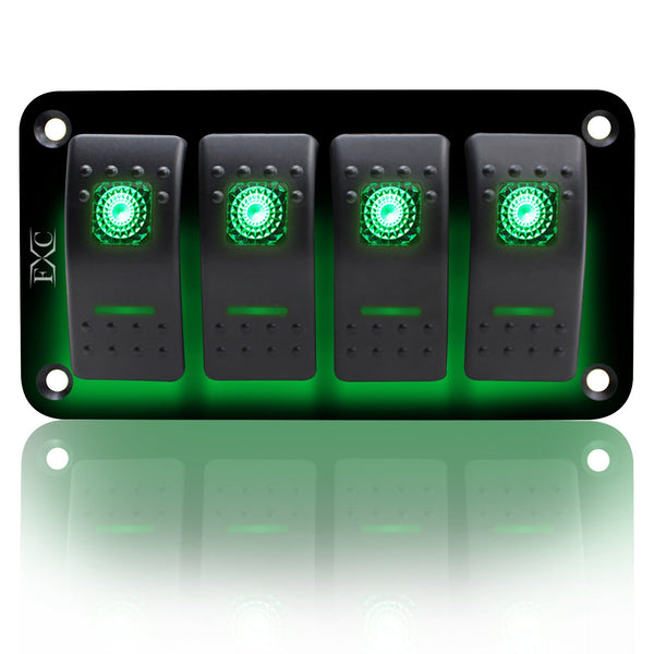 FXC Rocker Switch Aluminum Panel - 4 Gang Toggle Switches Dash 5 Pin ON/Off 2 LED Backlit for Boat Car Marine Green